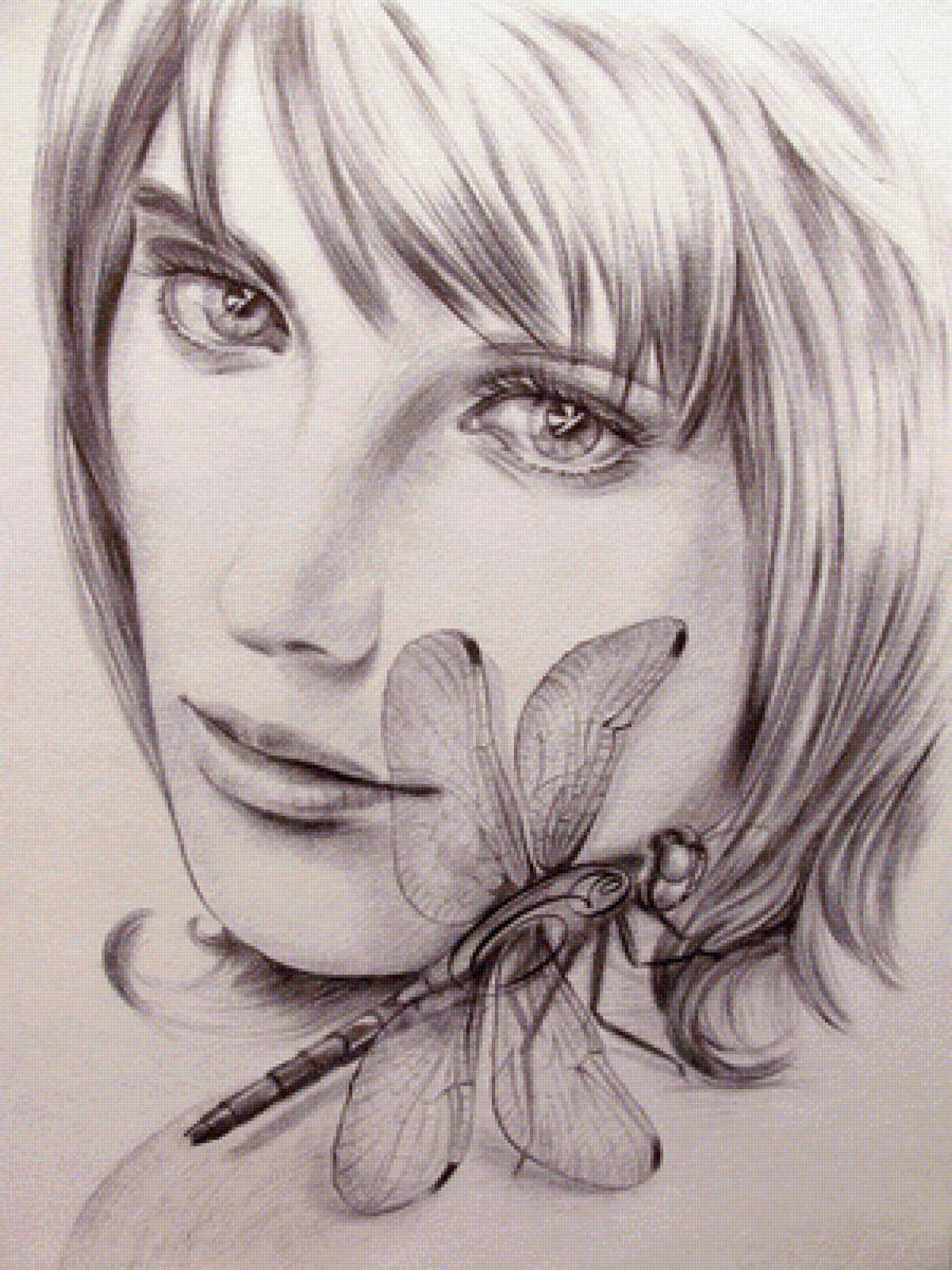 Девушка и стрекоза - девушка, монохром, лицо, стрекоза, портрет - предпросмотр