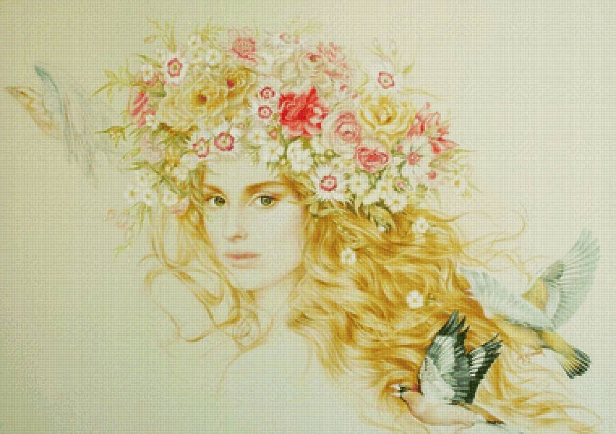 Девушка в венке - женщина, девушка, лицо, птицы, цветы, портрет - предпросмотр