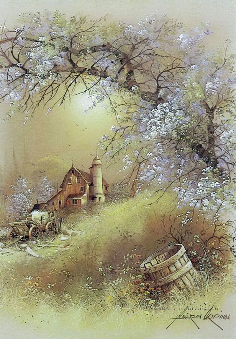 Весна в селе - цветы, телега, бочка, село - оригинал