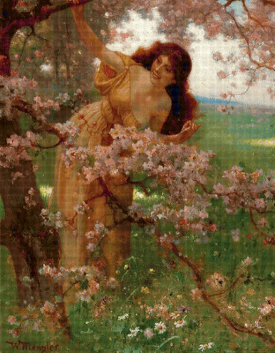 Wilhelm Menzler Casel. Весна - живопись, девушка, 19 век - предпросмотр