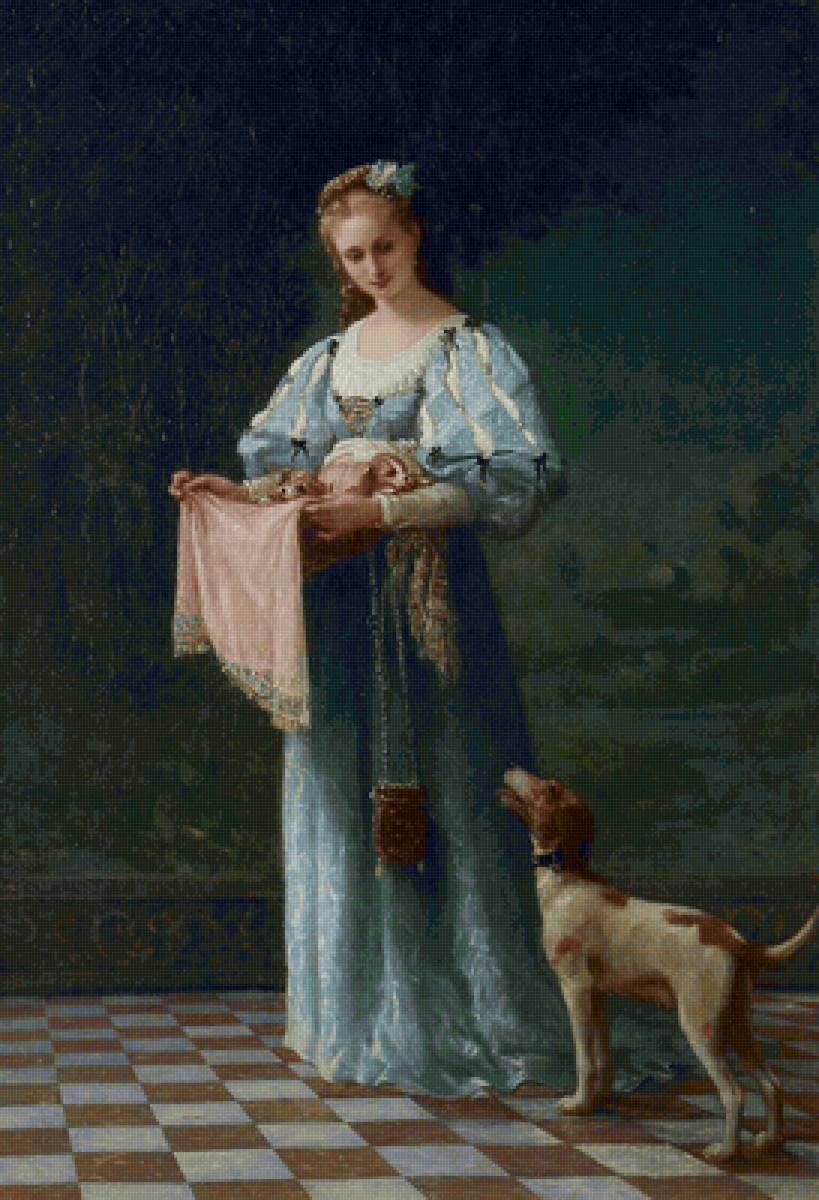 Девушка со щенками. Гюстав Дуайен - собака, девушка, живопись, 19 век - предпросмотр