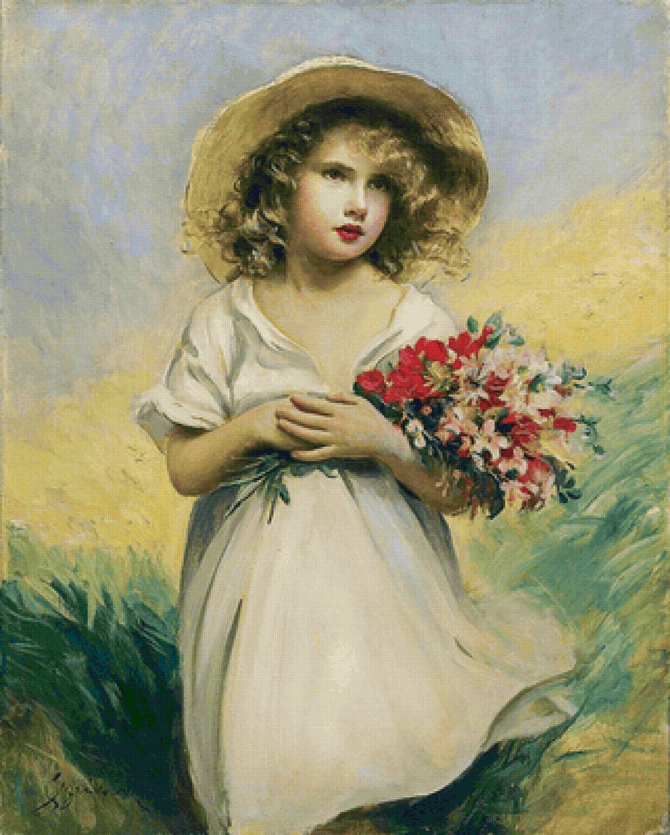 Boleslaw Von Szankowsk. Девочка с букетом - девочка, цветы, портрет, букет, живопись - предпросмотр