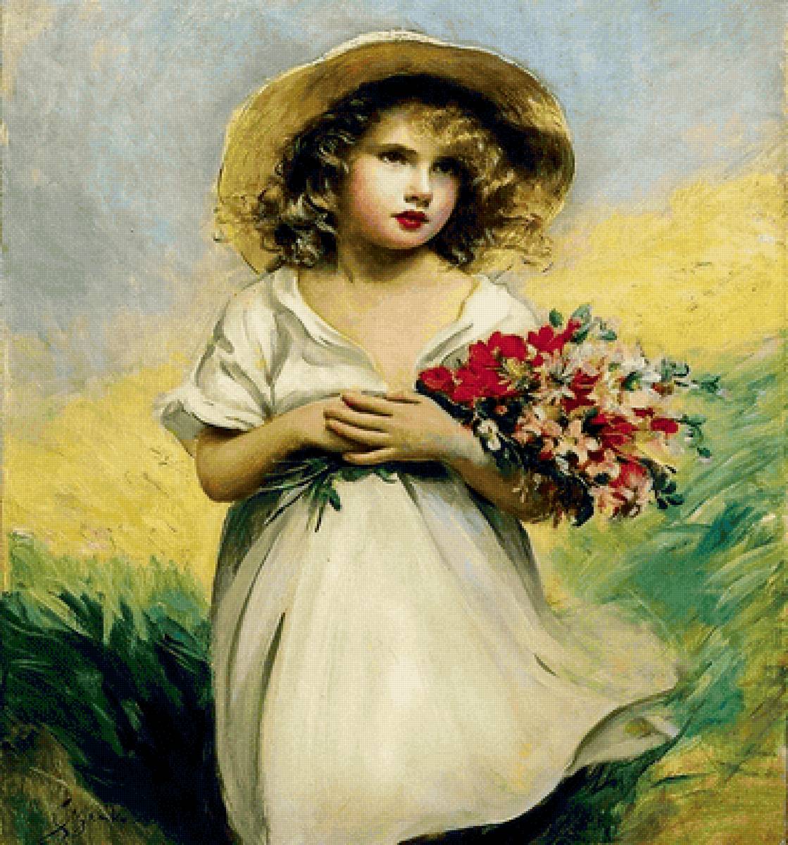 Boleslaw Von Szankowsk. Девочка с букетом - живопись, девочка, букет, портрет, цветы - предпросмотр