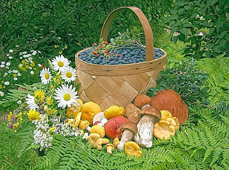 №2143316 - ромашки, корзинка, ягоды, лето, грибы - оригинал