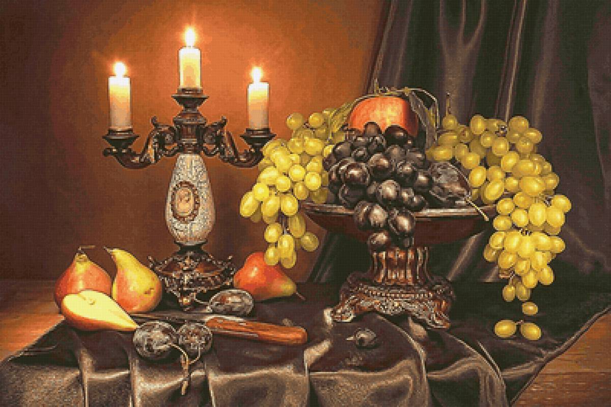 №2143334 - виноград, натюрморт, фрукты, груши, свеча - предпросмотр