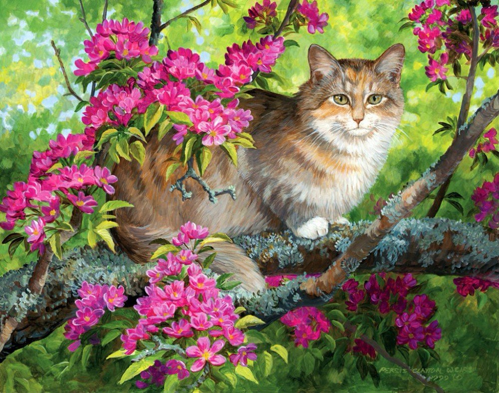 №2144254 - кот, дерево, цветы - оригинал