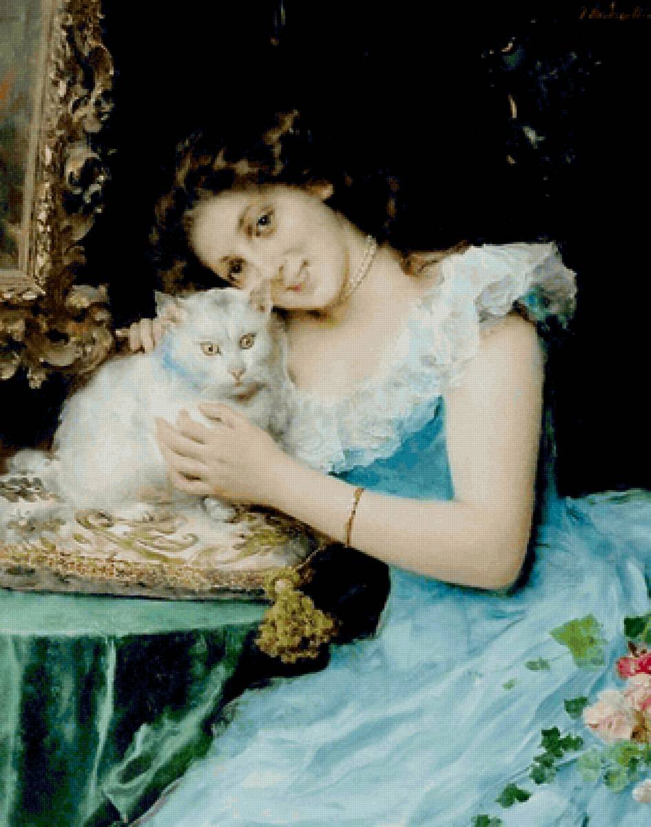 Федерико Андреотти. Фаворит - девушка, живопись, 19 век, котенок, портрет - предпросмотр