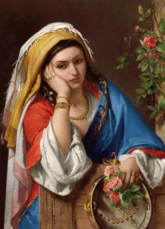 Жан-Франсуа Портель. Девушка с бубном - девушка, 19 век, портрет, живопись - оригинал