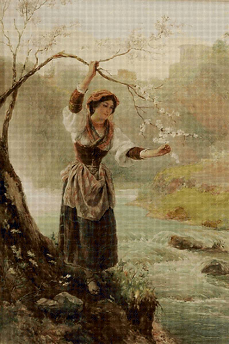 У реки. Luigi Olivetti - девушка, 19 век, пейзаж, живопись - предпросмотр