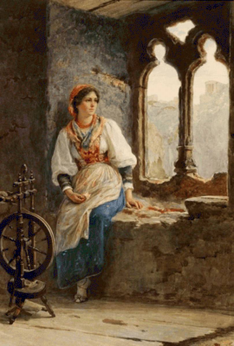 Девушка с прялкой. Luigi Olivetti - живопись, девушка, 19 век - предпросмотр