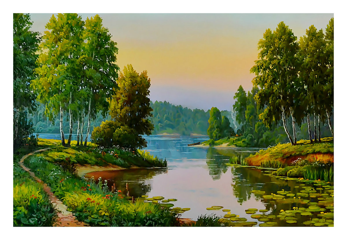 Пейзаж у озера. - лес, река, природа, пейзаж, березы, живопись, лето - оригинал
