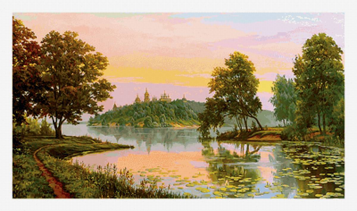 Закат у реки. - церковь, берег, лето, пейзаж, закат, река, живопись, природа - предпросмотр