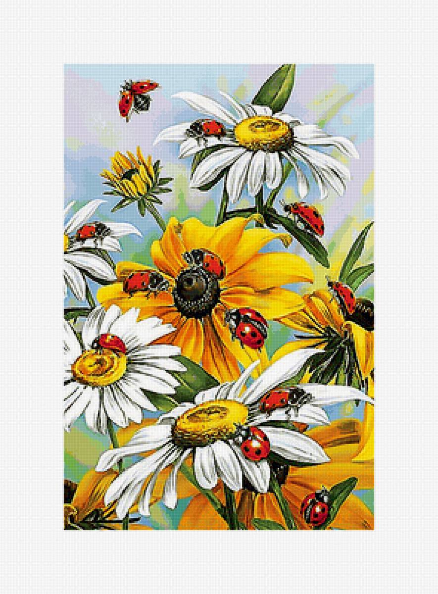Ромашки и божьи коровкиё - божьи коровки, цветы, ромашки, живопись - предпросмотр