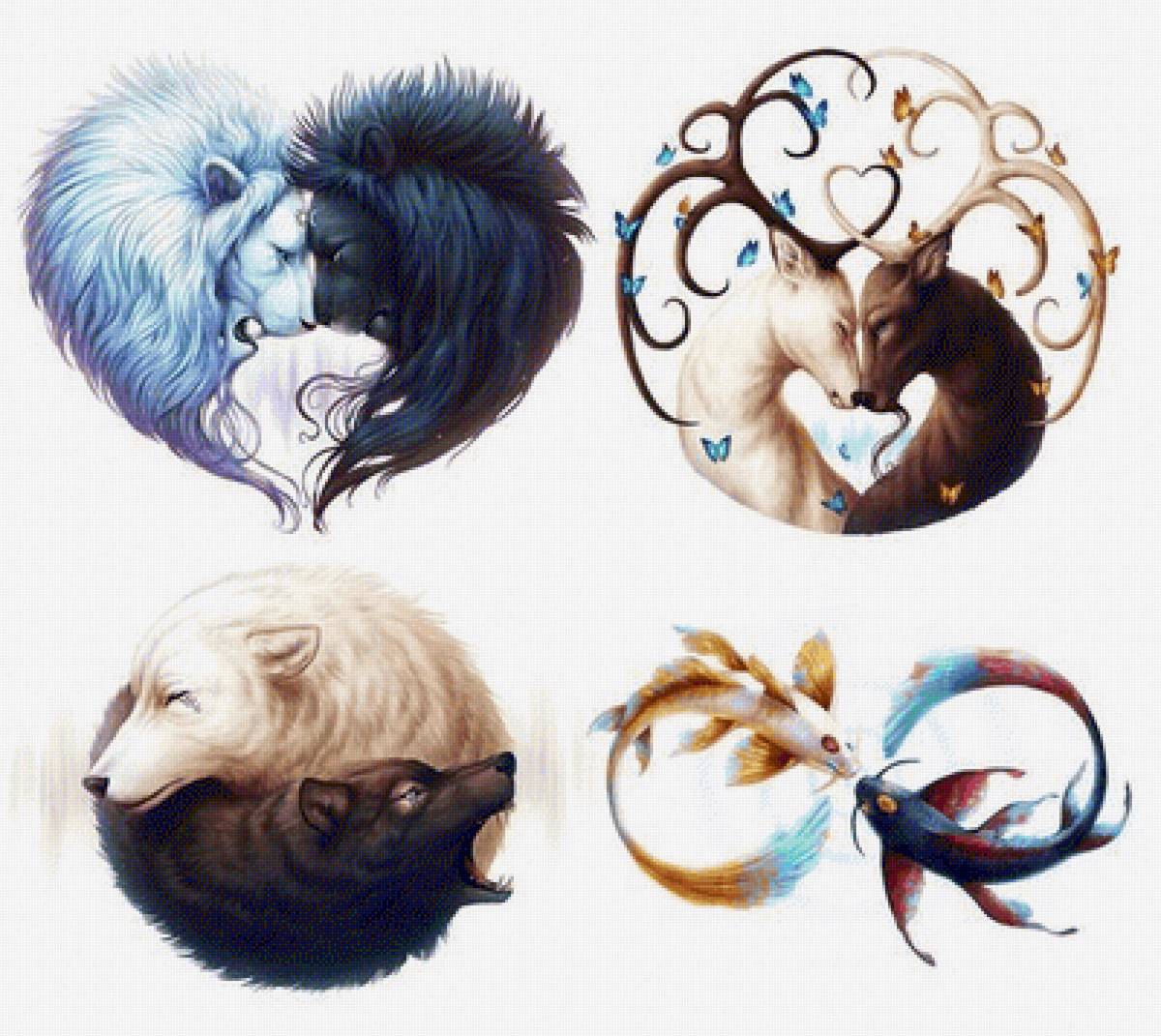 Коллаж - животные, лев, рыбы, волки, олень - предпросмотр