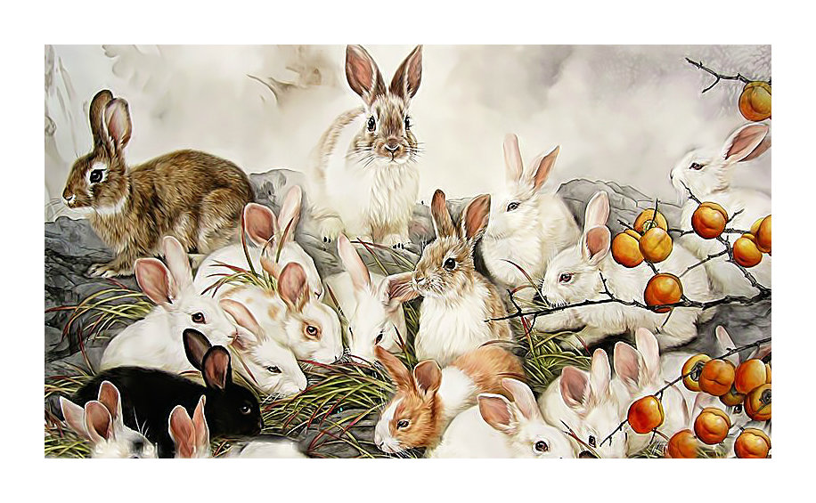 Зайцы. - живопись, зайцы, животные, абрикосы - оригинал