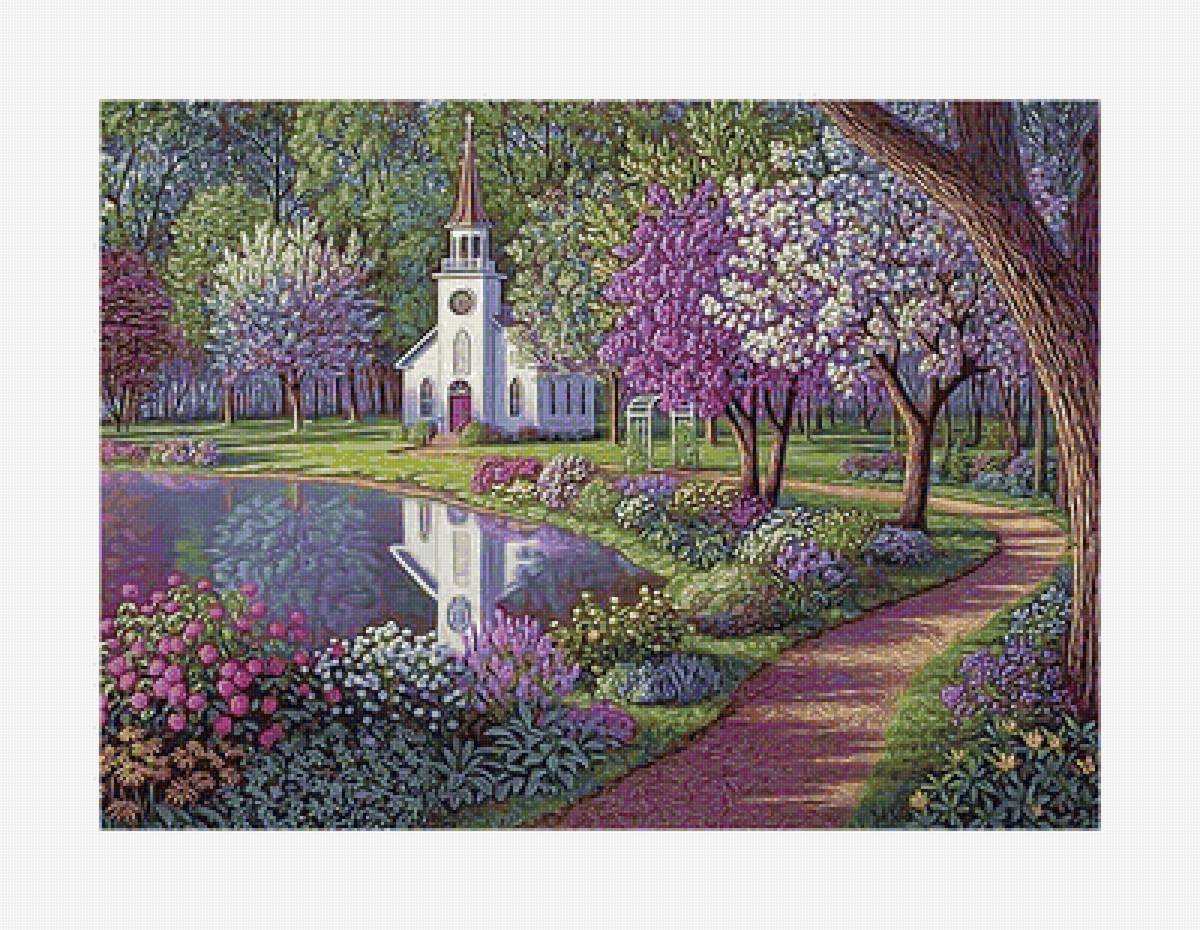 №2145820 - цветы, весна, сад, домик, тропинка, озеро - предпросмотр