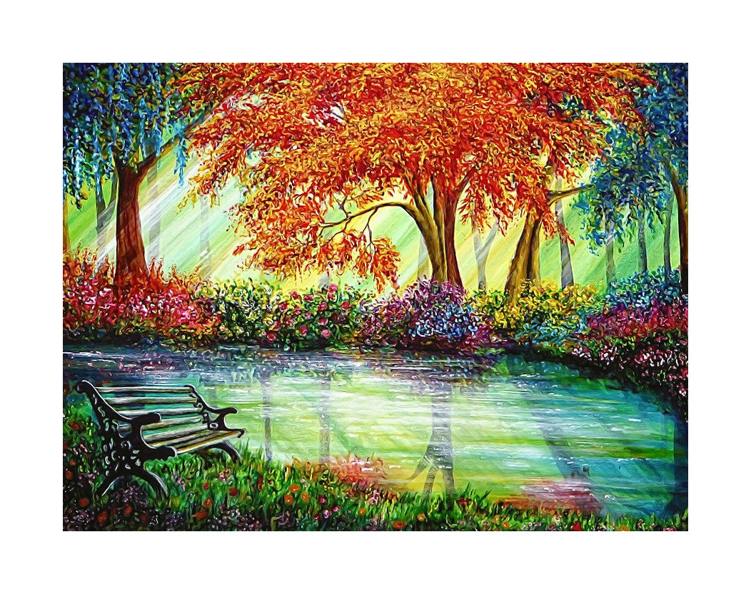№2145832 - деревья, осень, лавочка, живопись, озеро - оригинал