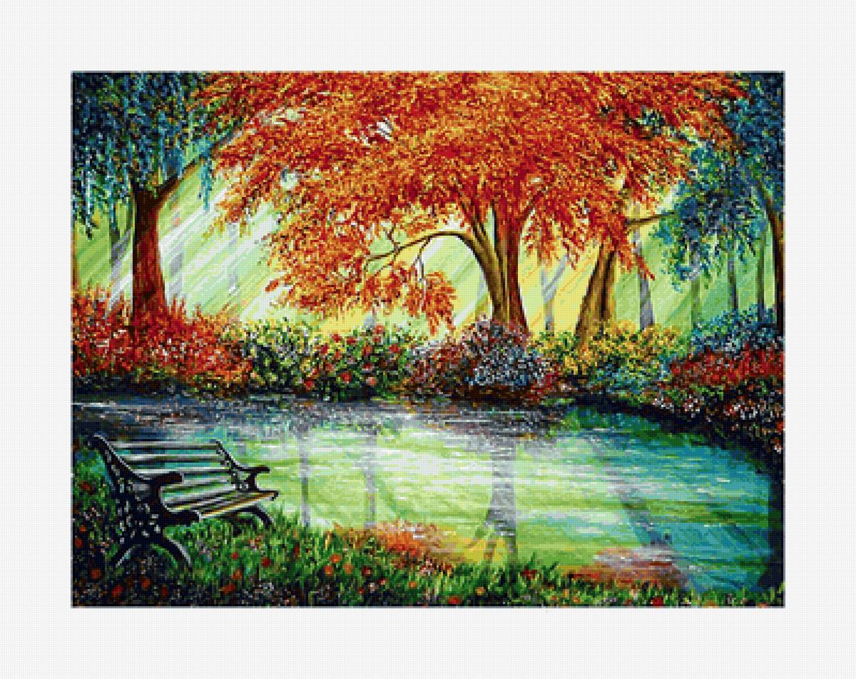 №2145832 - осень, деревья, живопись, лавочка, озеро - предпросмотр