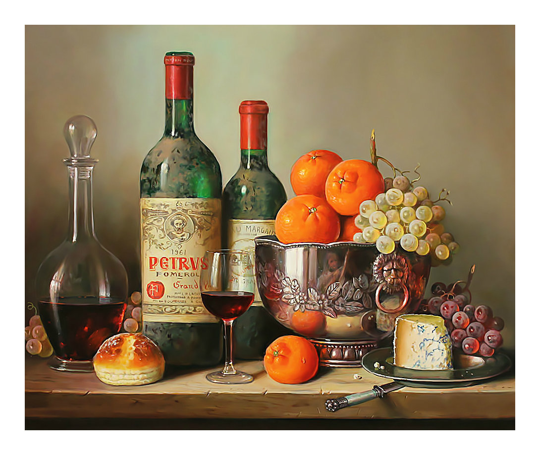 Натюрморт. - виноград, натюрморт, мандарины, ягоды, фрукты, бутылки, вино - оригинал