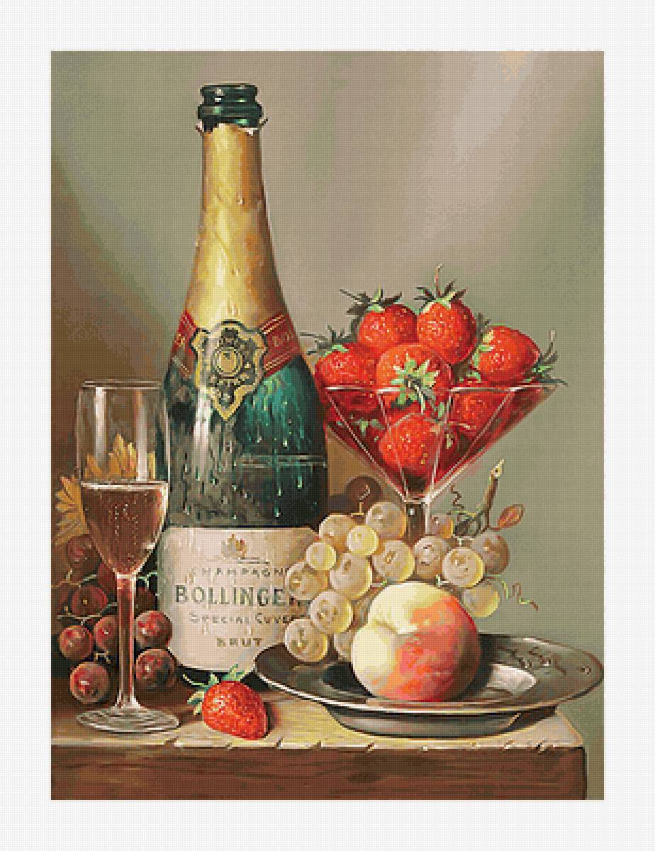 Натюрморт с вином. - фрукты, бокал, виноград, ягоды, вино, натюрморт, бутылка - предпросмотр