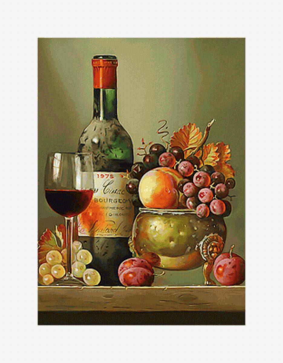 Натюрморт с вином и виноградом. - персик, бокал, фрукты, ягоды, вино, виноград, бутылка, натюрморт - предпросмотр