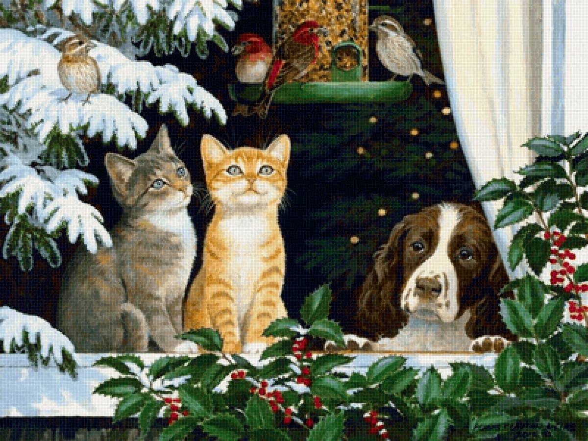№2146262 - собака, кормушка, котята, новый год - предпросмотр