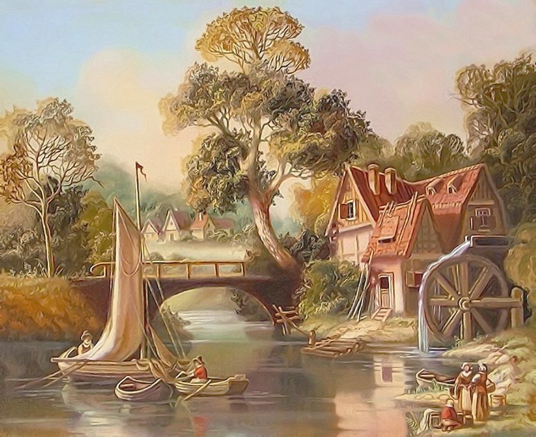 Голландский пейзаж - голландский пейзаж, домик, водяная мельница, лодка, река, мостик - оригинал