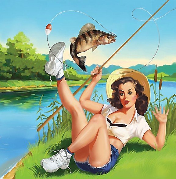На рыбалке - девушка, рыба, удочка, река - оригинал