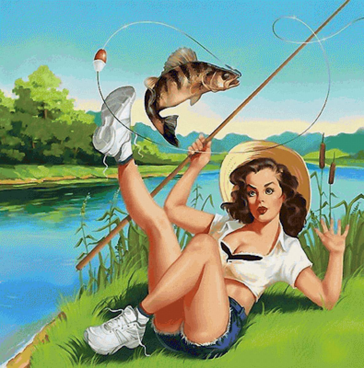 На рыбалке - река, удочка, девушка, рыба - предпросмотр