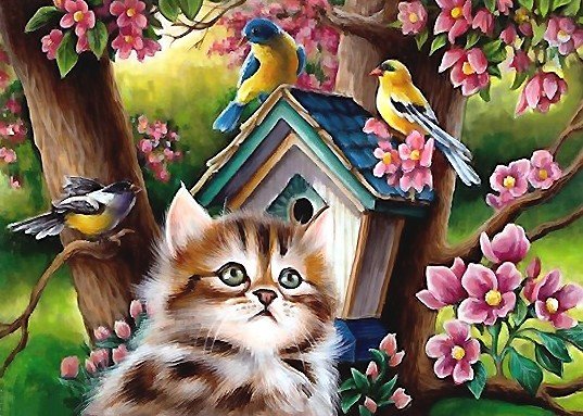 Весенние трели - котенок, птички, весна - оригинал