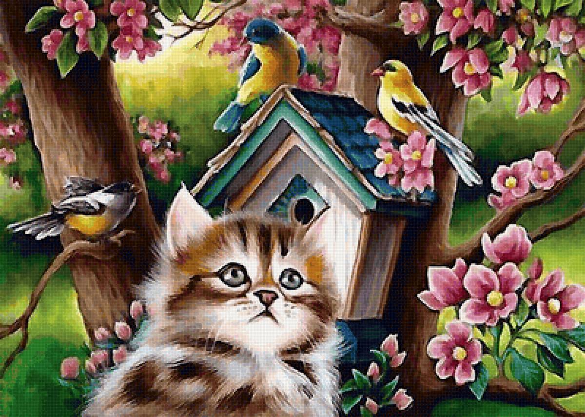 Весенние трели - весна, птички, котенок - предпросмотр