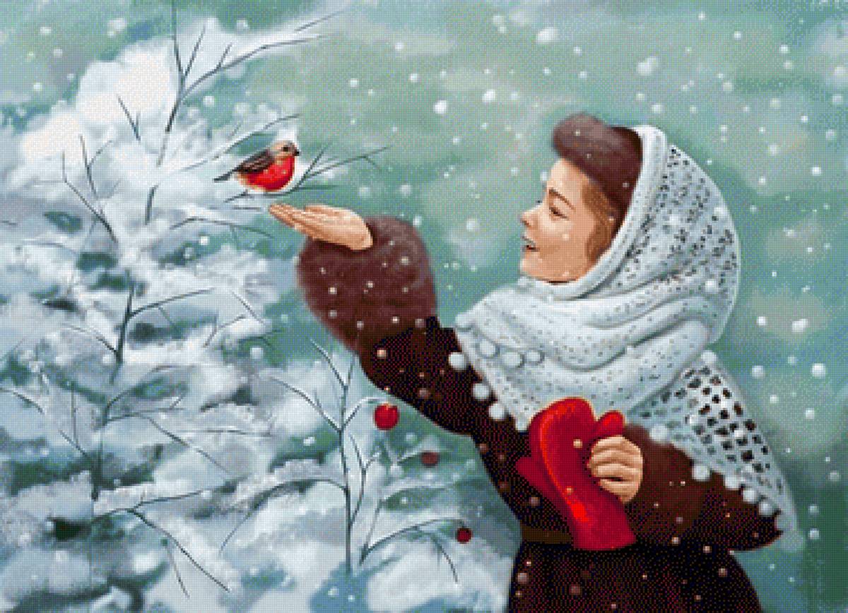 Девочка и снегирь - зима, птицы, девочка - предпросмотр