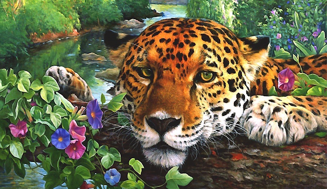 леопард - цветы, леопард, река - оригинал