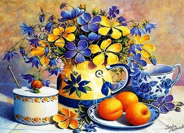 Натюрморт - натюрморт, абрикосы, цветы - оригинал