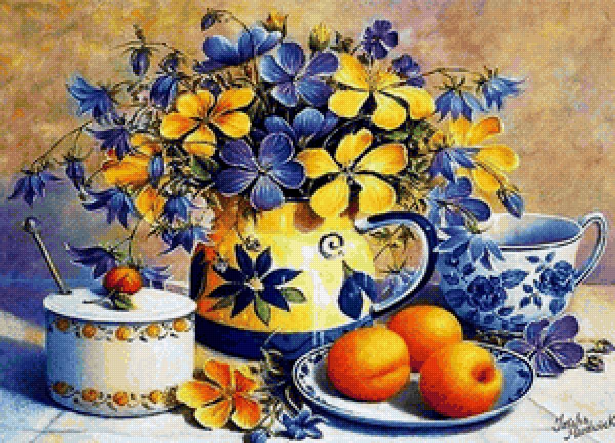 Натюрморт - натюрморт, абрикосы, цветы - предпросмотр