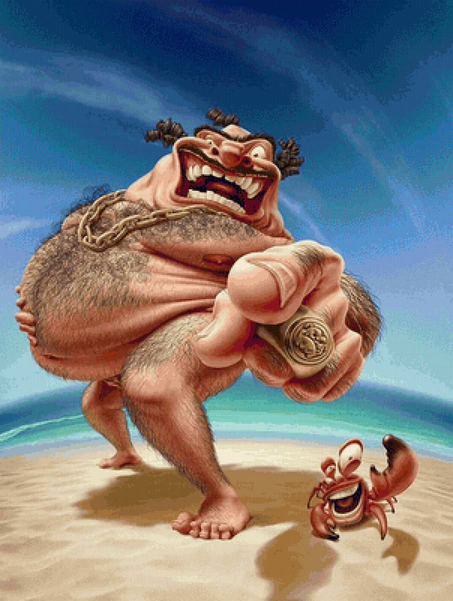 ВОЛОСАТЫЙ ТОЛСТЯК С КРАБОМ НА ПЛЯЖЕ - люди - предпросмотр