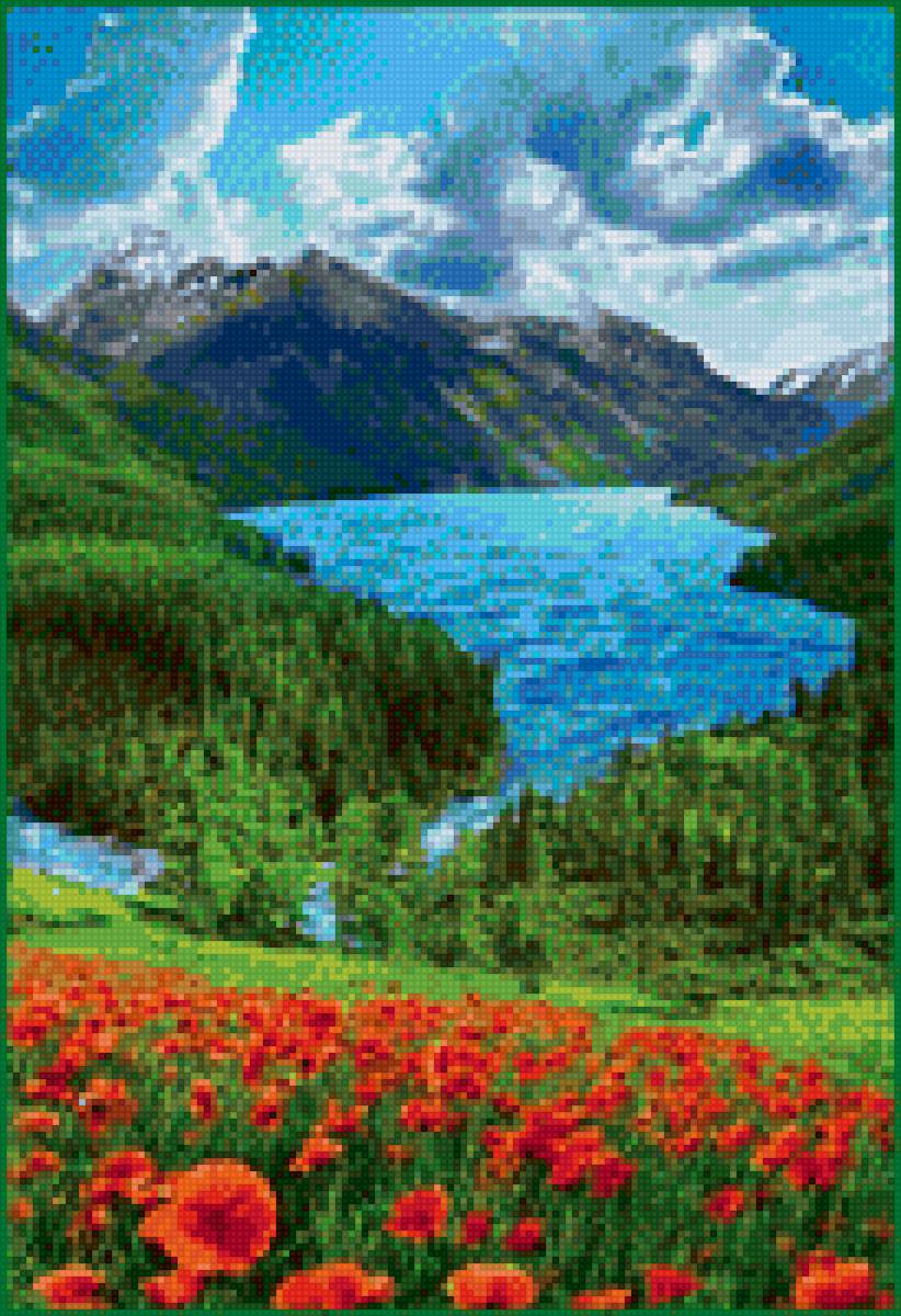 Озеро в горах - маки, природа, пейзаж - предпросмотр