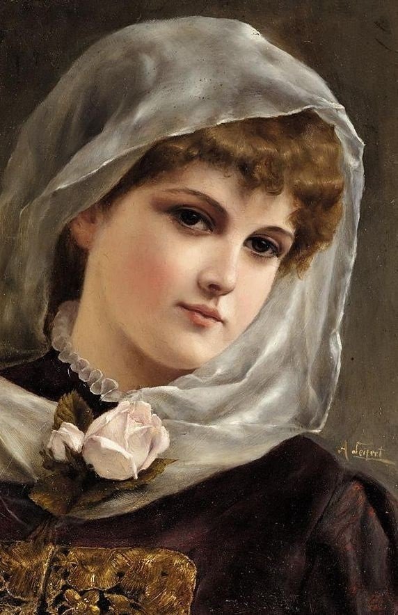 Девушка с розой. Alfred Seifert - живопись, девушка, 19 век, роза, портрет - оригинал