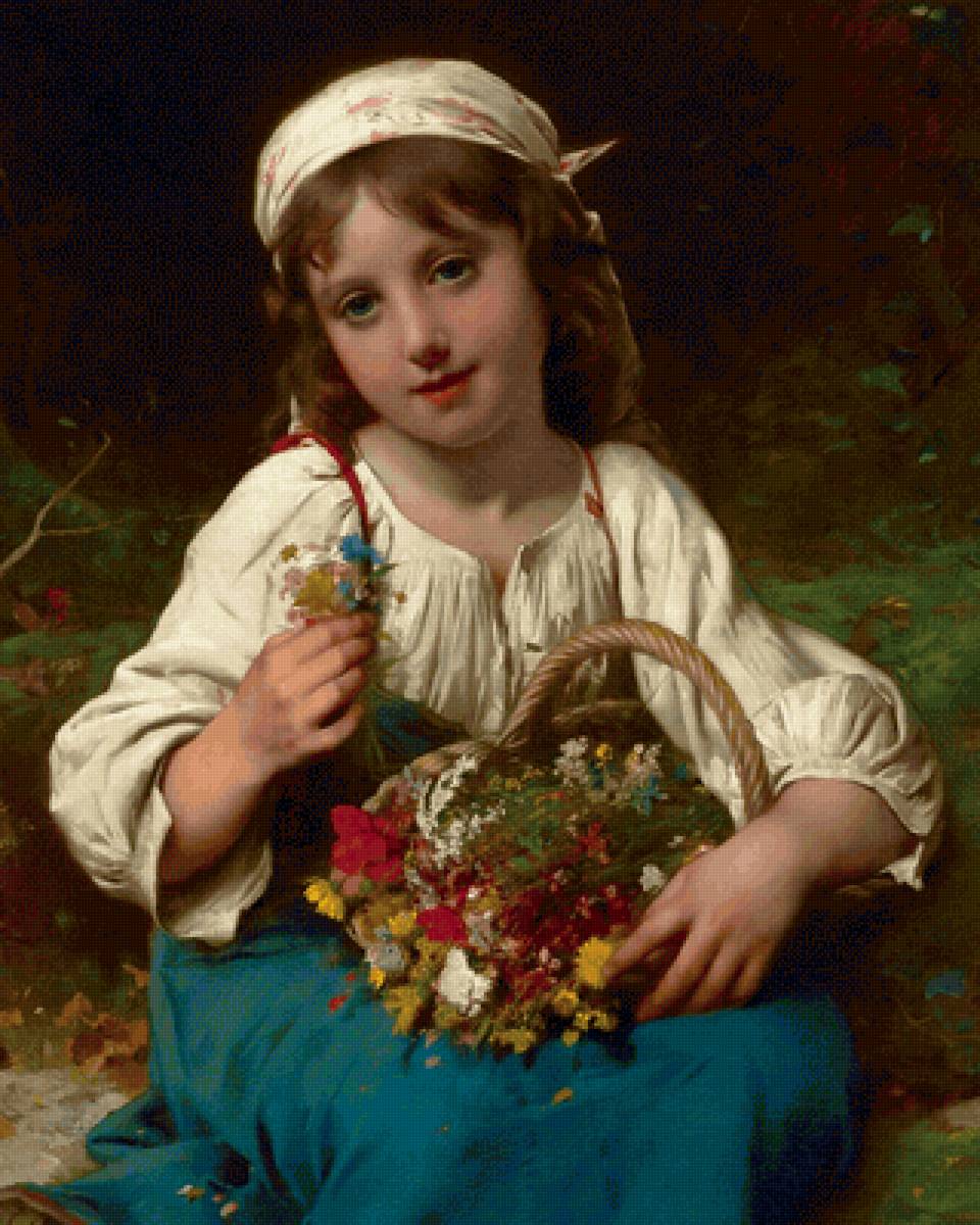 Крестьянская девочка. Эмиль Мюнье - живопись, портрет, 19 век, девочка, цветы - предпросмотр