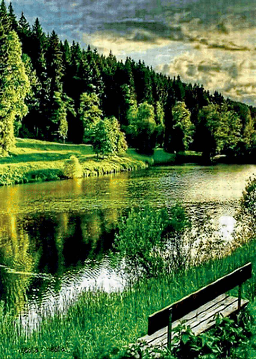 У реки - река, закат, скамейка, пейзаж - предпросмотр