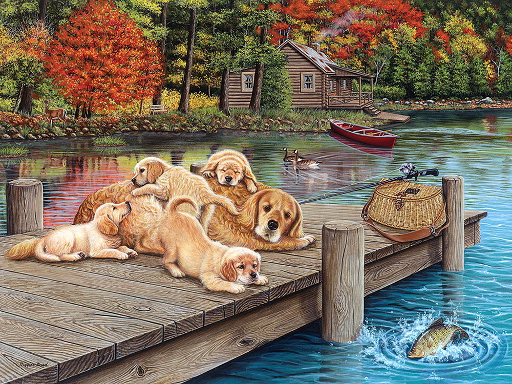 №2150087 - собака, рыбалка, осень, озеро, лодка, щенки - оригинал