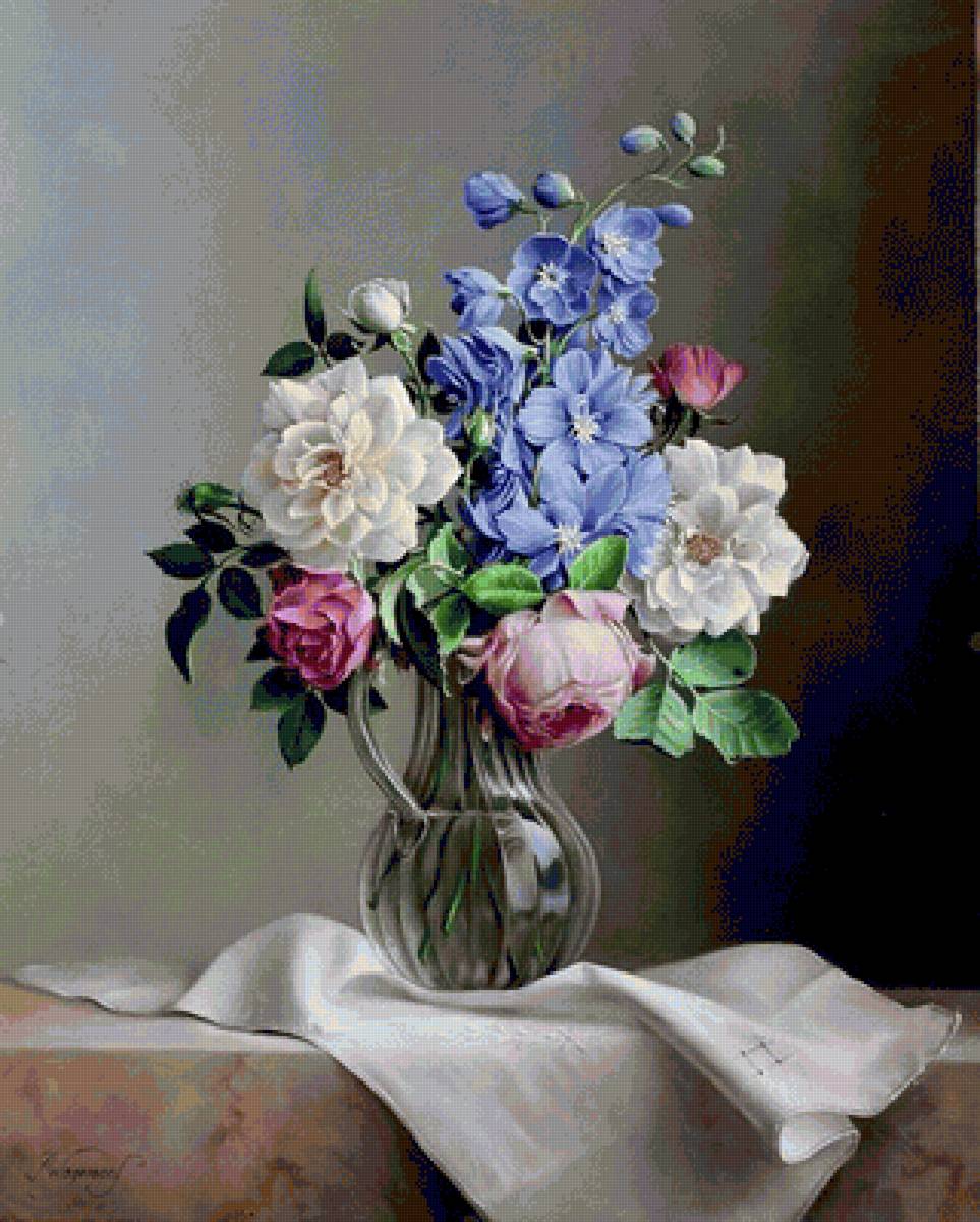 Акварельный букет - кувшин, натюрморт, розы, цветы - предпросмотр