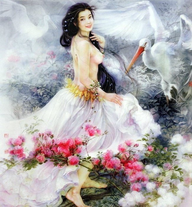 mujer con aves - mujeres - оригинал