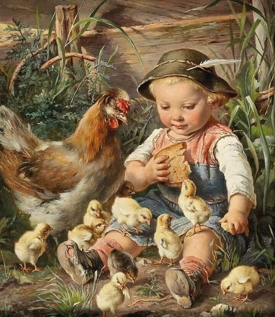 Boy with chicks - animal, chick, boy, chicken, children - оригинал