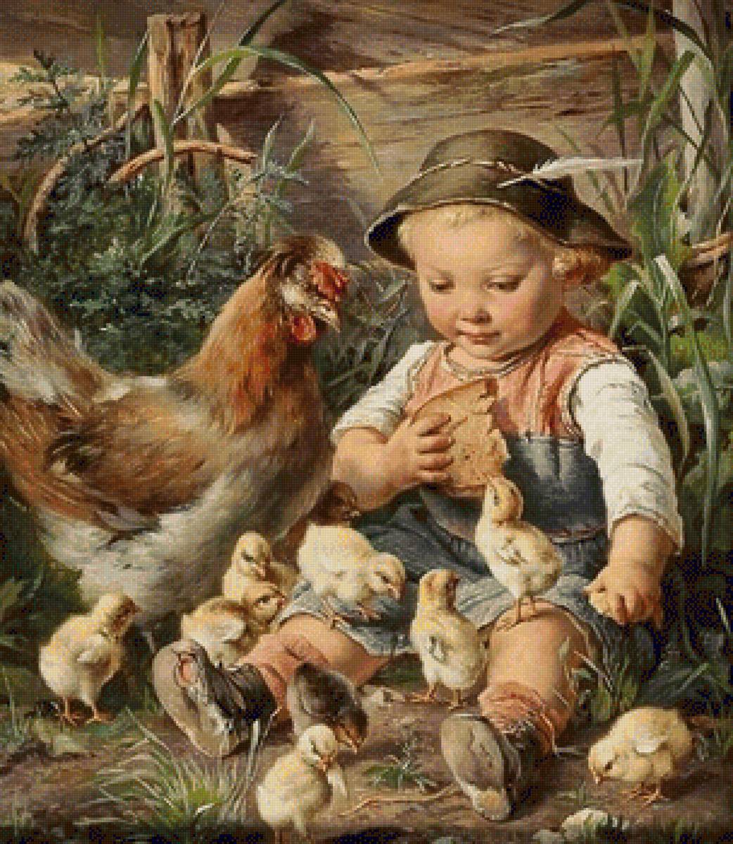 Boy with chicks - animal, children, chicken, chick, boy - предпросмотр