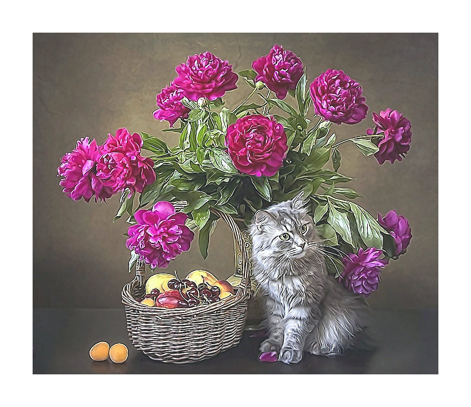 №2151487 - корзинка, цветы, натюрморт, кот, пионы, фрукты - оригинал