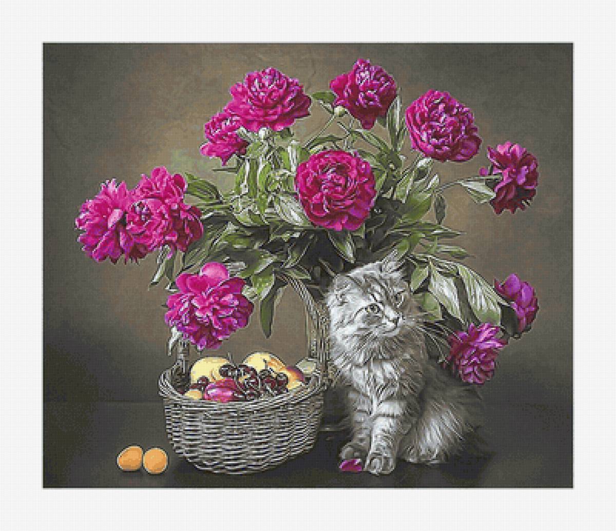 №2151487 - корзинка, фрукты, натюрморт, цветы, пионы, кот - предпросмотр