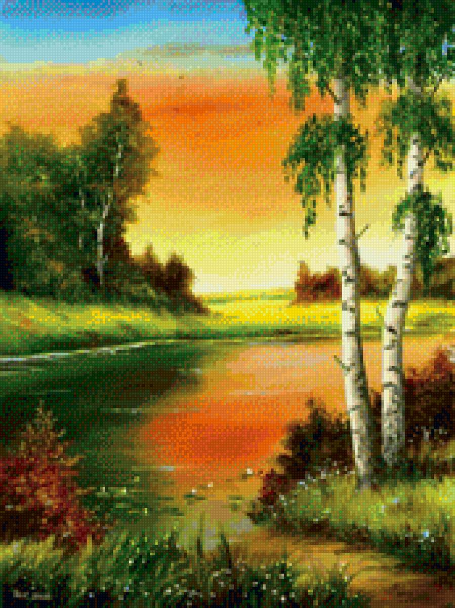 Закат над рекой - береза, природа, река - предпросмотр