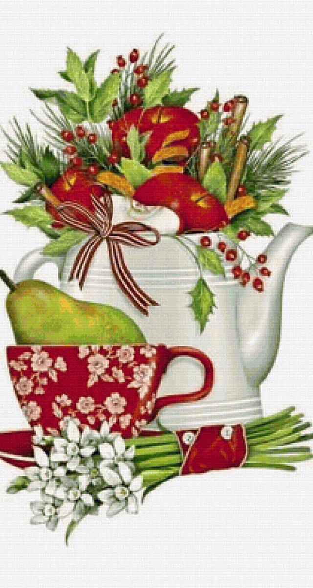 натюрморт - цветы, чашка, яблоки, груша - предпросмотр