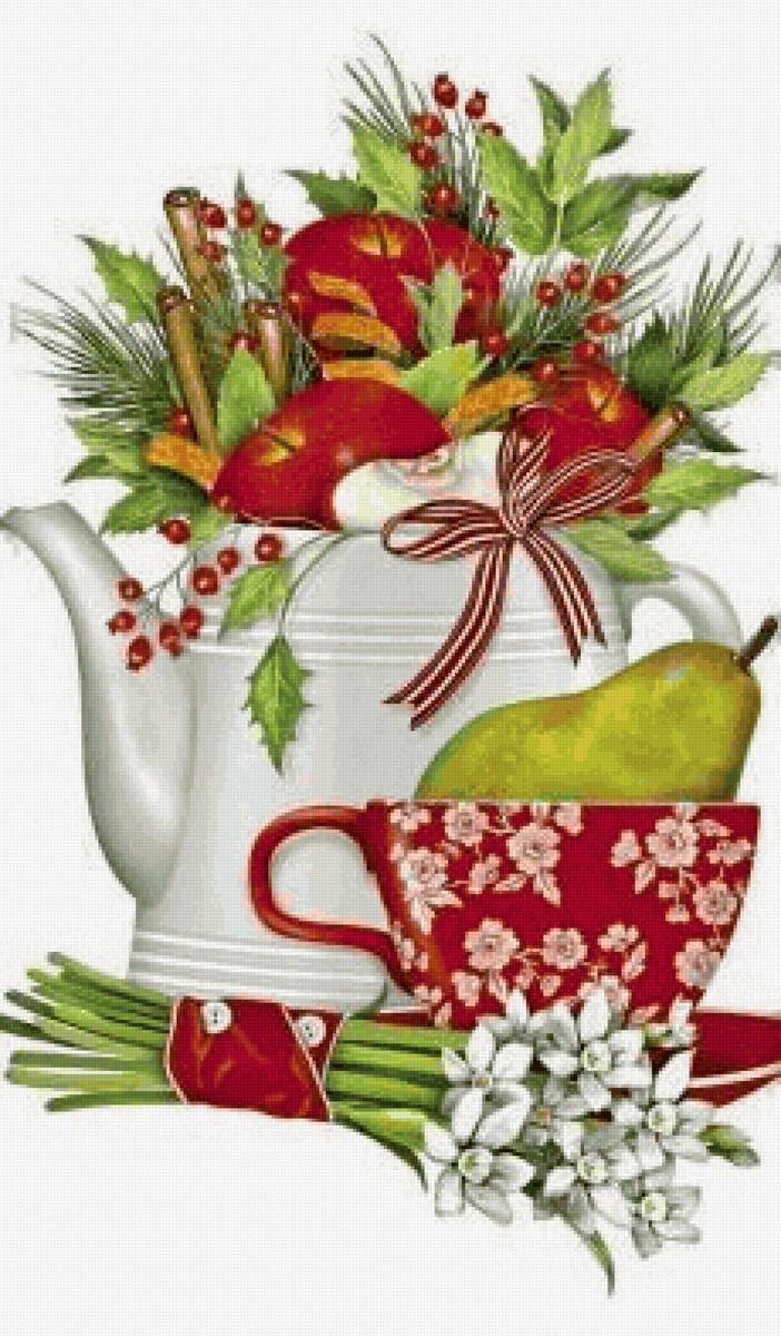 натюрморт - чашка, цветы, яблоки, груши - предпросмотр